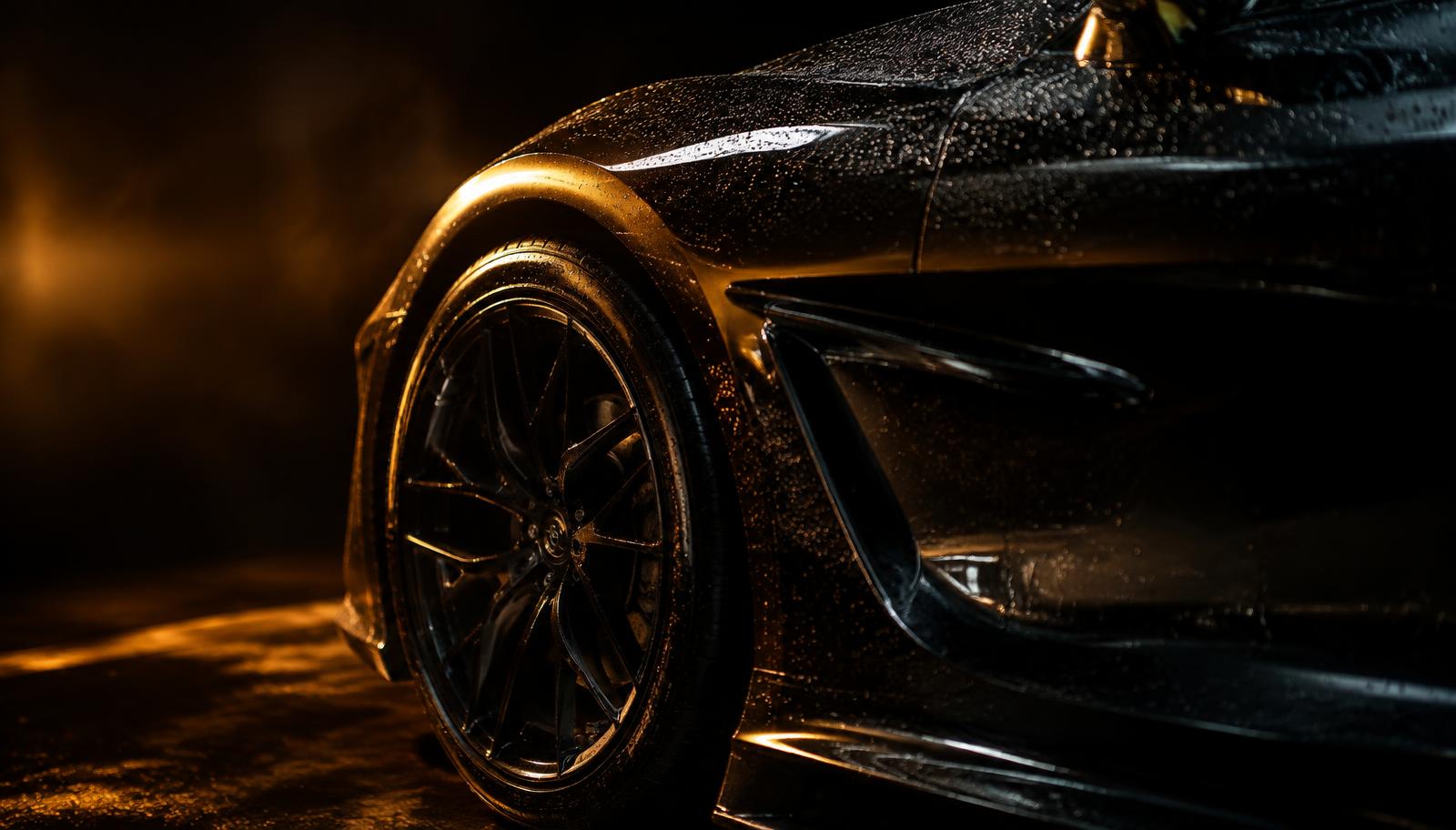 Glossy black car with water beading
